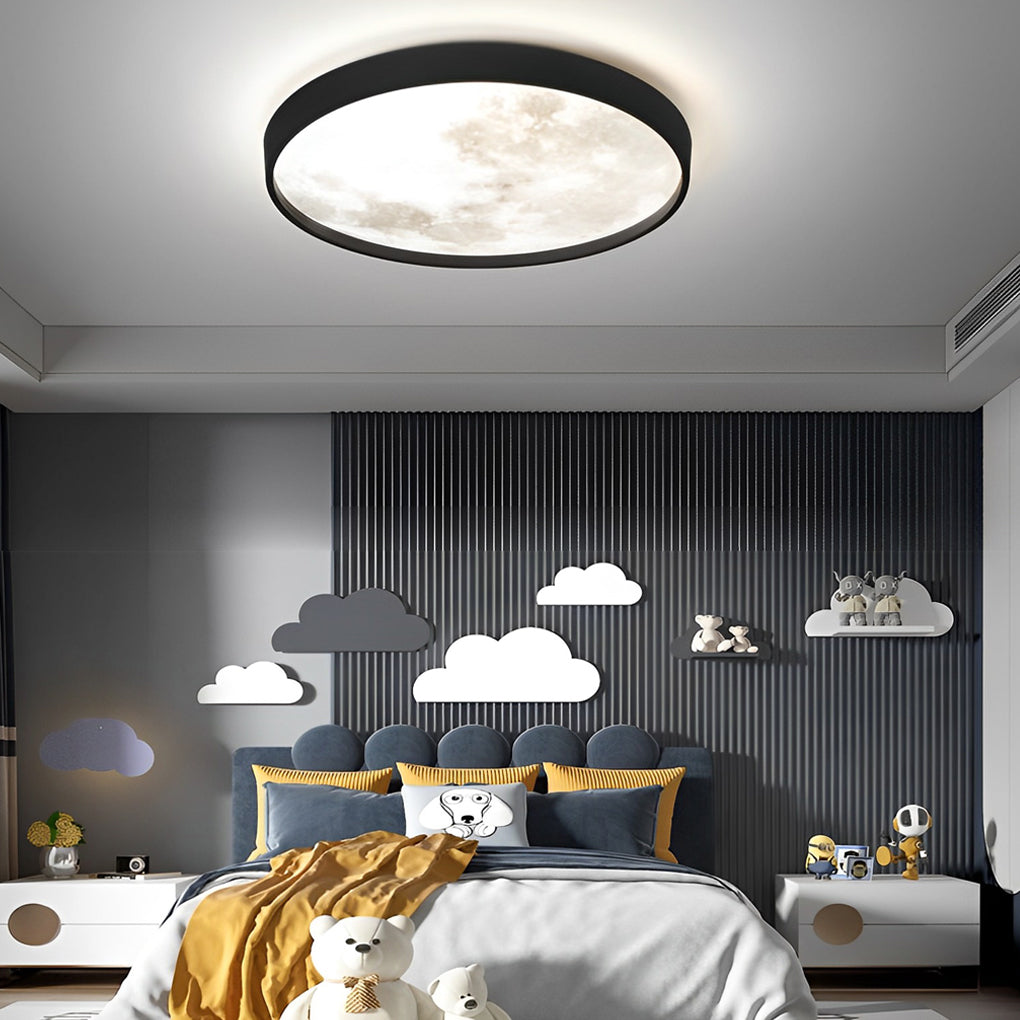 Moon ceiling light illuminating a minimalist interior with focused glow.