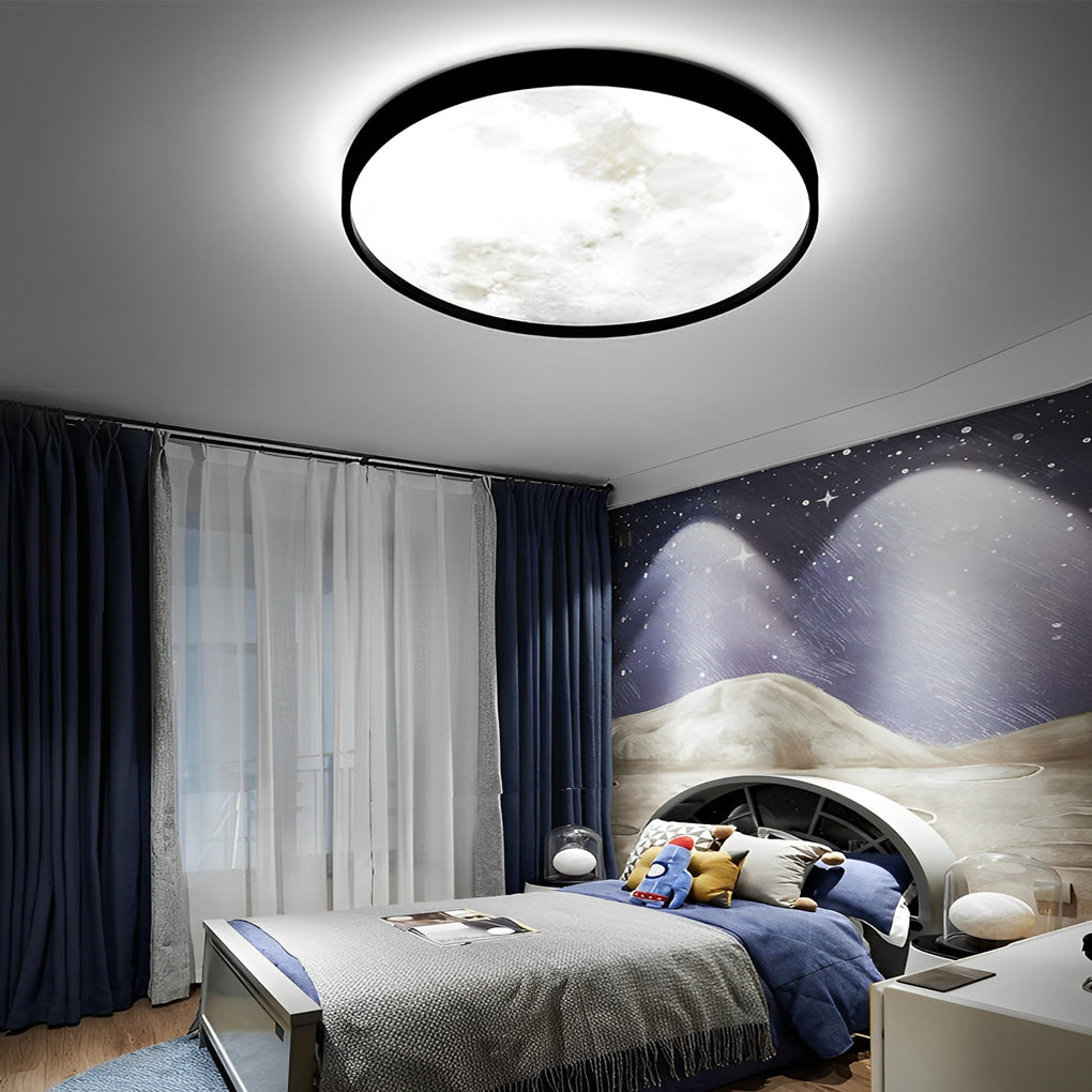 Moon ceiling light enhancing a modern kids' room with warm light.