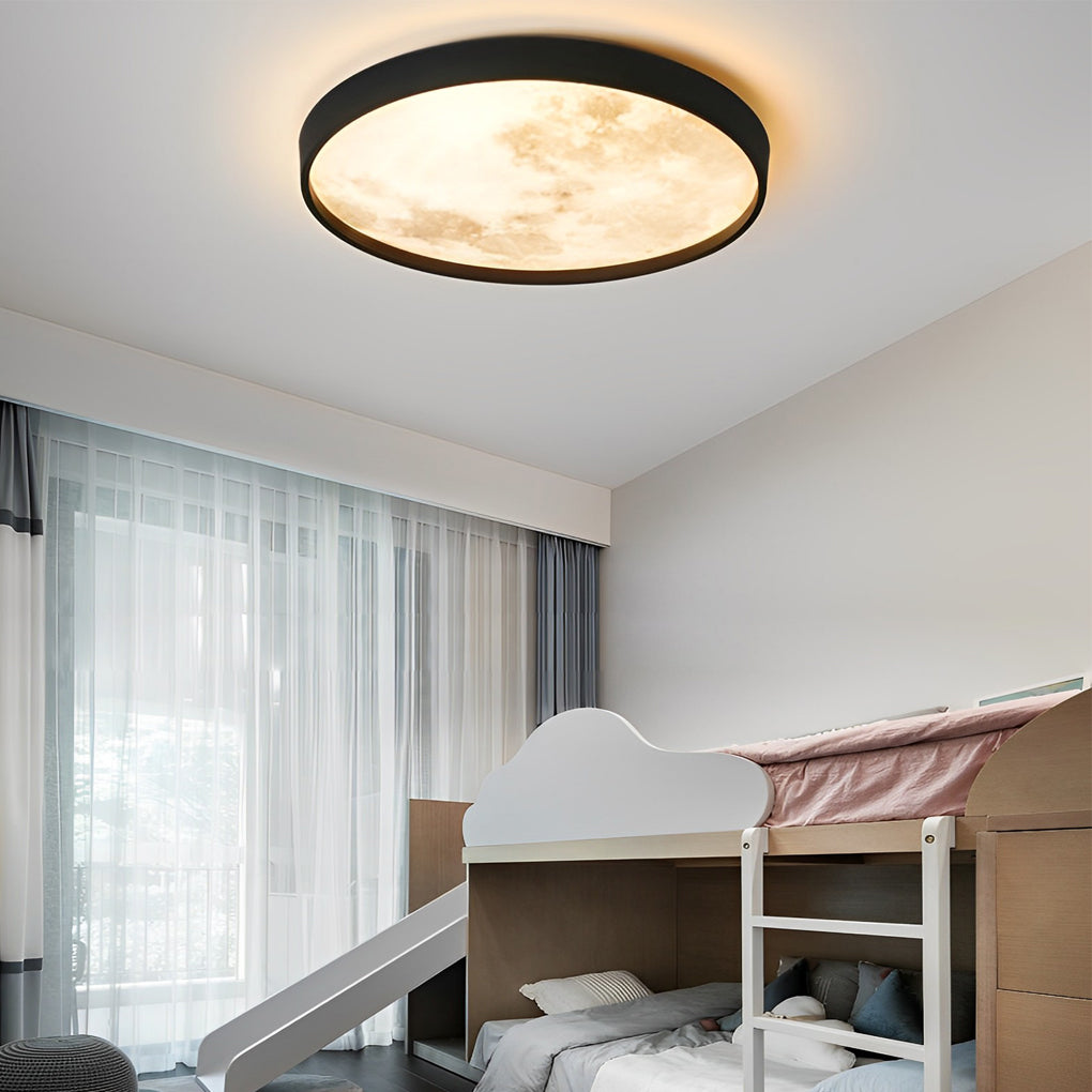 Moon ceiling light providing soft illumination in a stylish children's room.