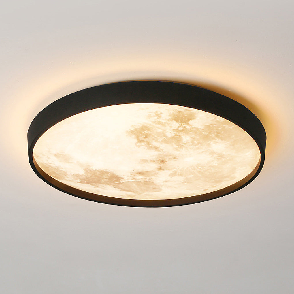 Moon ceiling light with detailed view of its textured surface.