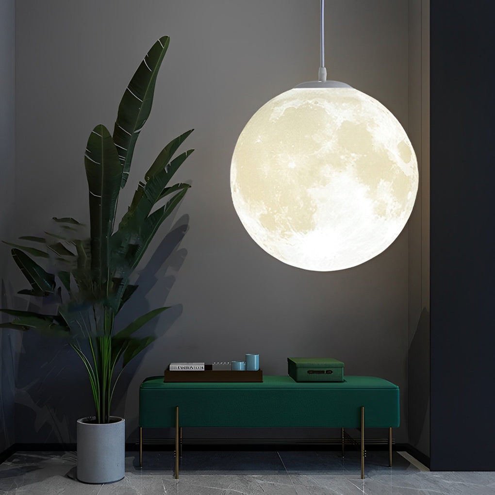 Single moon globe pendant light used as decorative accent lighting.
