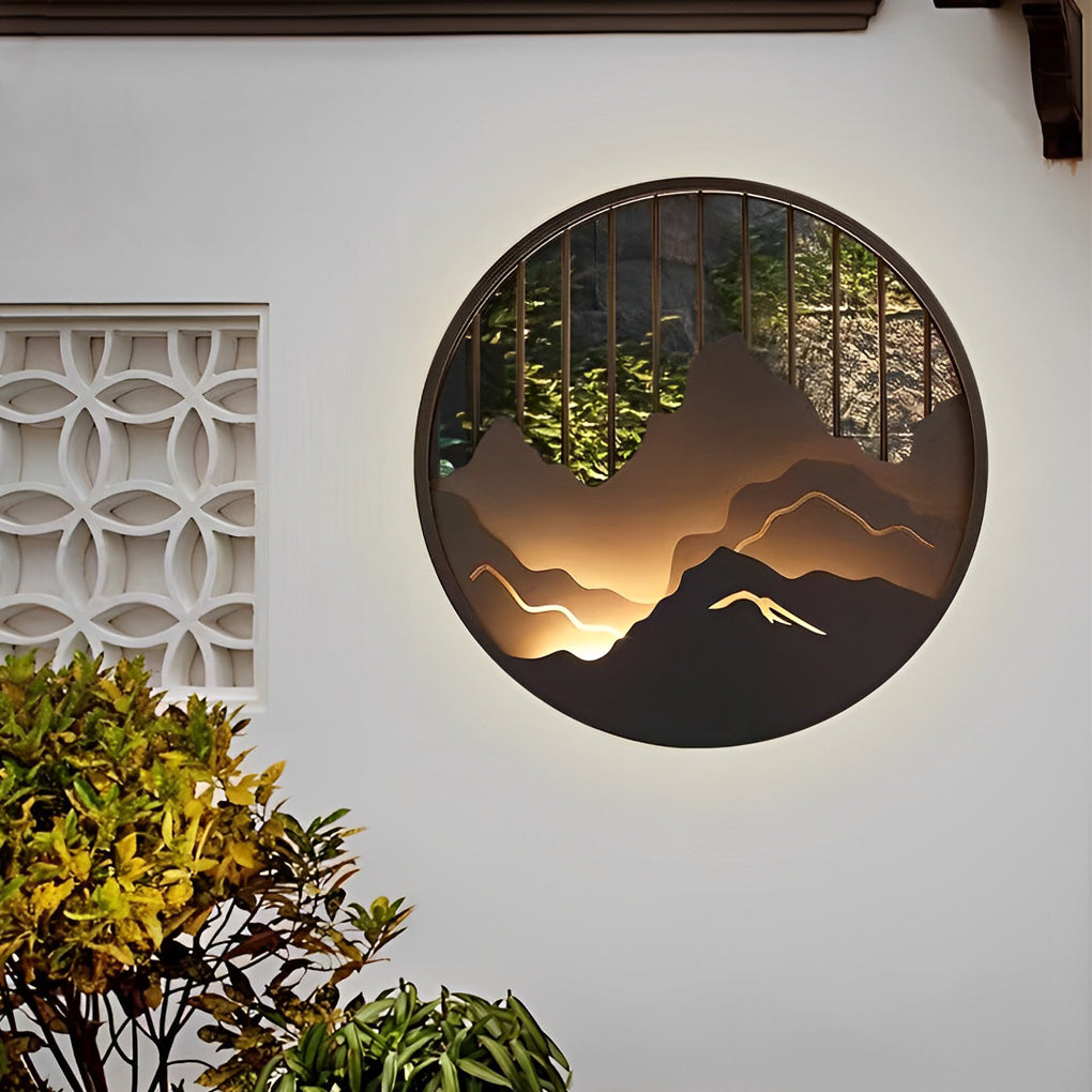 Mountain LED wall light integrated into modern Asian-inspired architectural exterior.