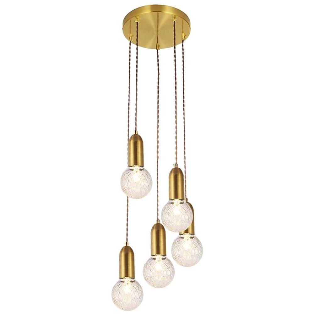 Multi-drop acrylic bulb chandelier with round ceiling canopy.
