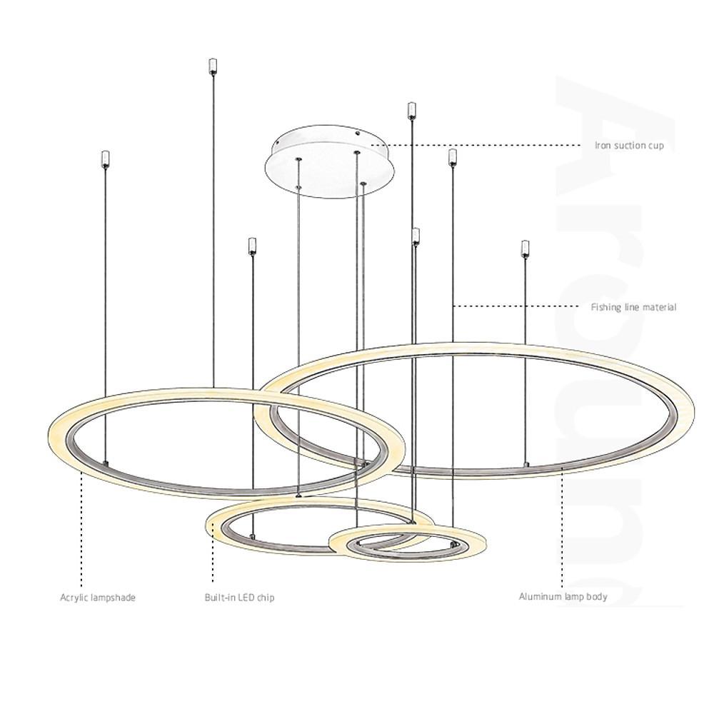 Technical installation diagram showing suspension layout of a multi ring chandelier.
