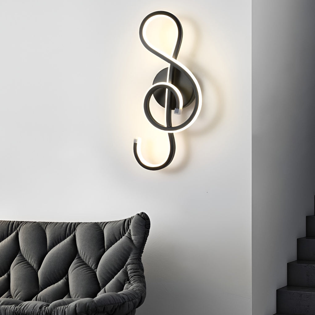Musical note wall light enhancing a contemporary living room with elegant design.
