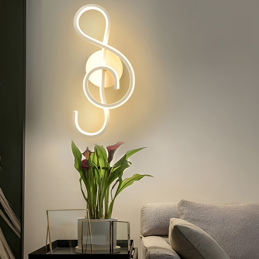 Musical note wall light casting a gentle glow in a stylish indoor setting.