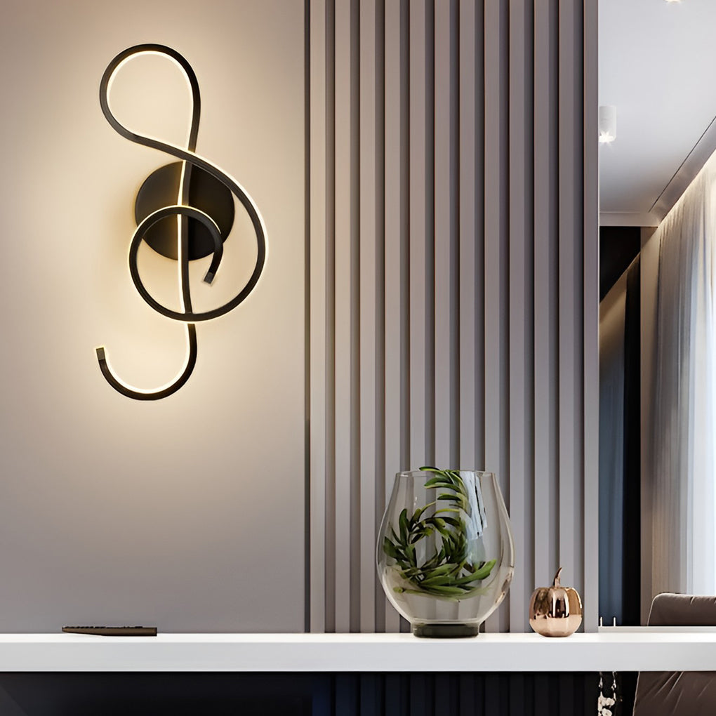 Musical note wall light enhancing a minimalist study room with warm light.