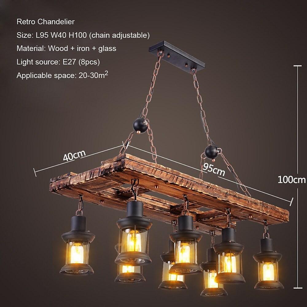 8 - light Vintage Wood Glass Lantern LED Farmhouse Chandeliers Hanging Lamp
