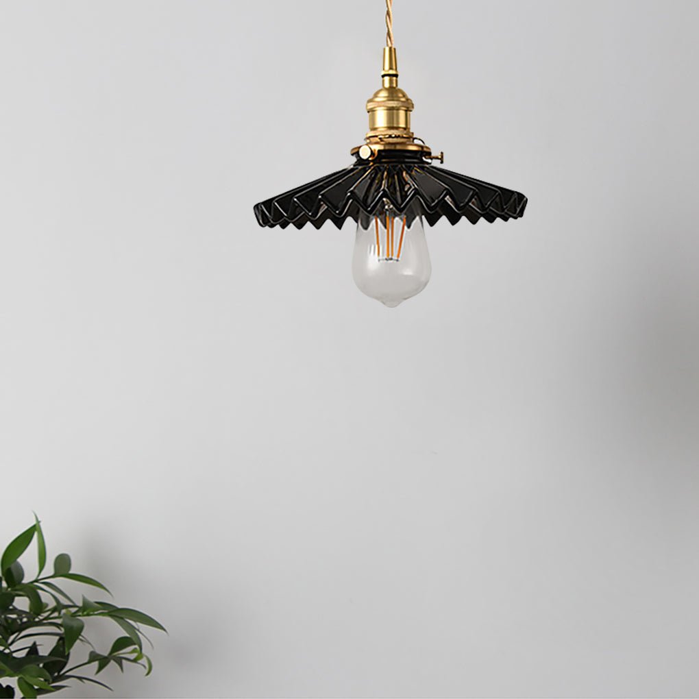 Nordic Vintage Ceramic Pleated Design Brass LED Pendent Lighting for Bedside Dining - table