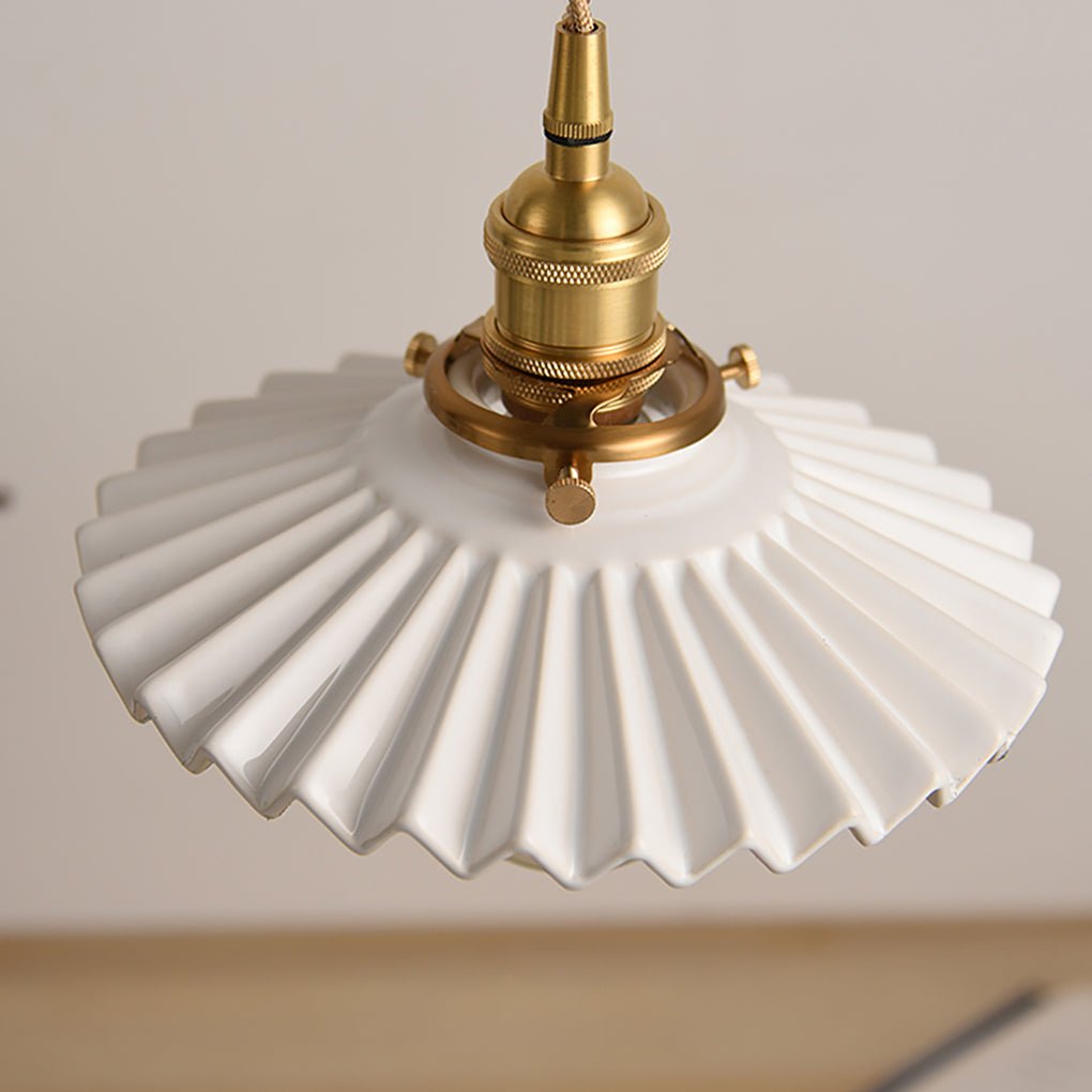 Nordic Vintage Ceramic Pleated Design Brass LED Pendent Lighting for Bedside Dining - table