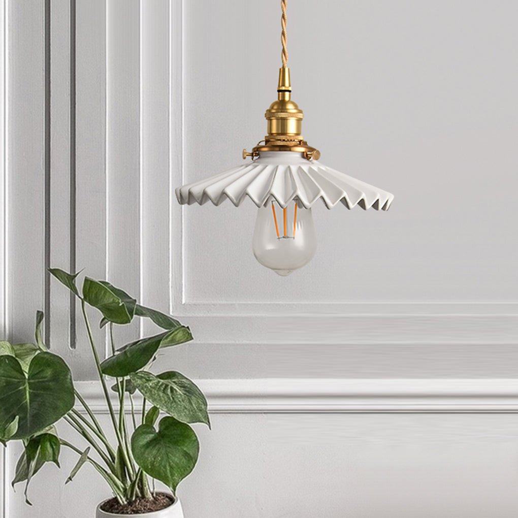 Nordic Vintage Ceramic Pleated Design Brass LED Pendent Lighting for Bedside Dining - table