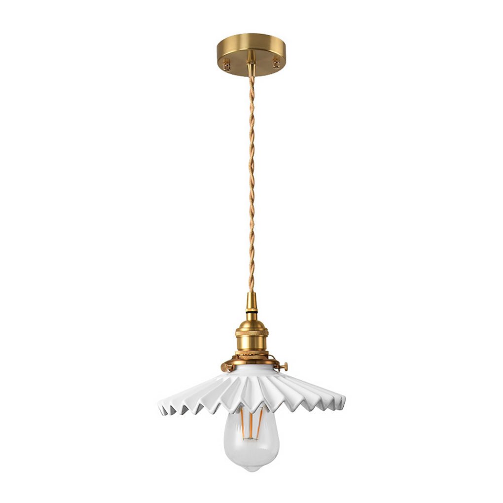 Nordic Vintage Ceramic Pleated Design Brass LED Pendent Lighting for Bedside Dining - table