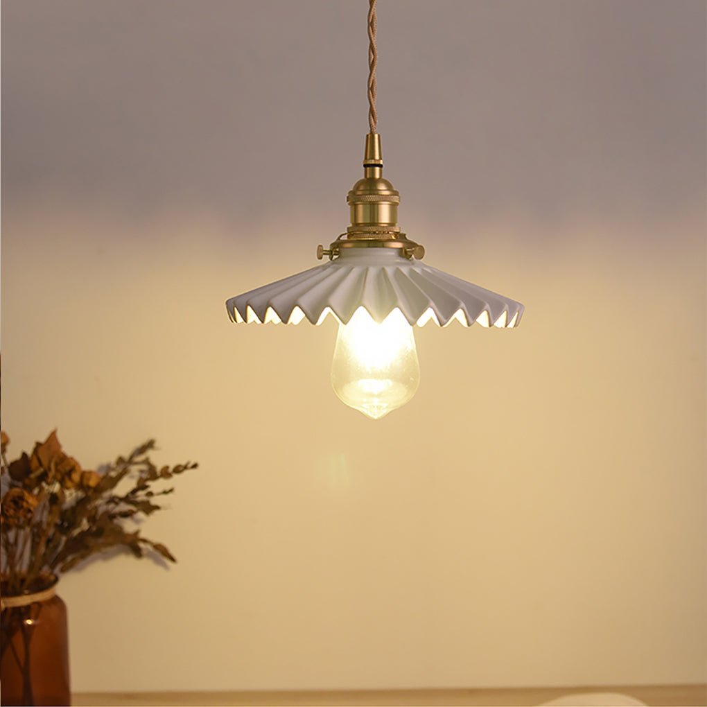Nordic Vintage Ceramic Pleated Design Brass LED Pendent Lighting for Bedside Dining - table