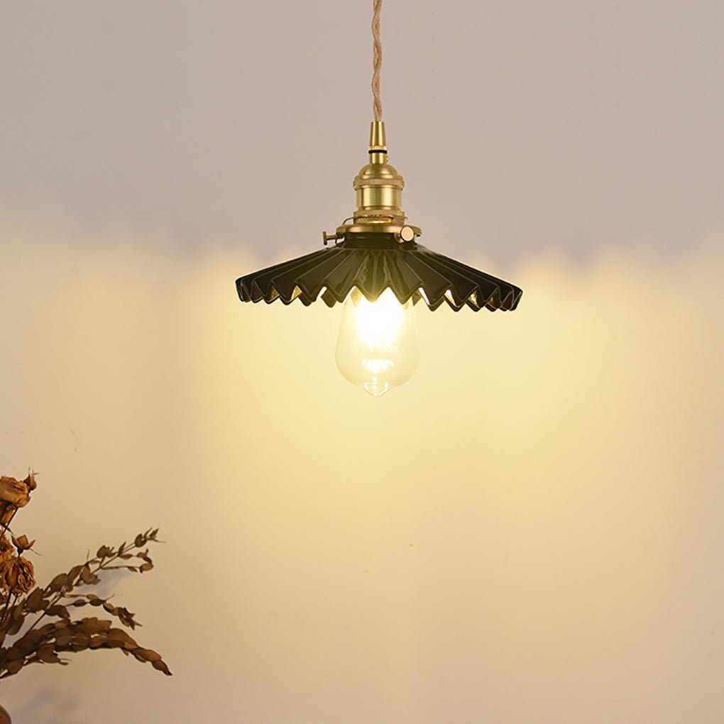 Nordic Vintage Ceramic Pleated Design Brass LED Pendent Lighting for Bedside Dining - table