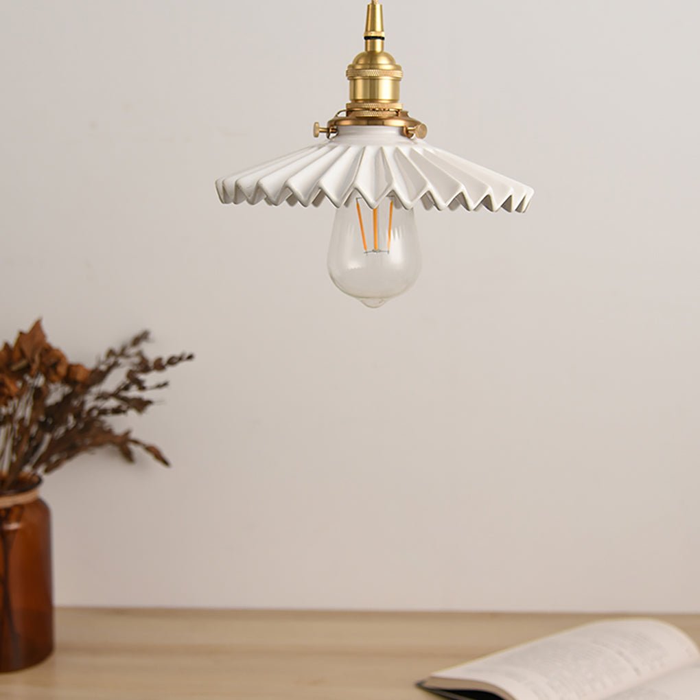 Nordic Vintage Ceramic Pleated Design Brass LED Pendent Lighting for Bedside Dining - table