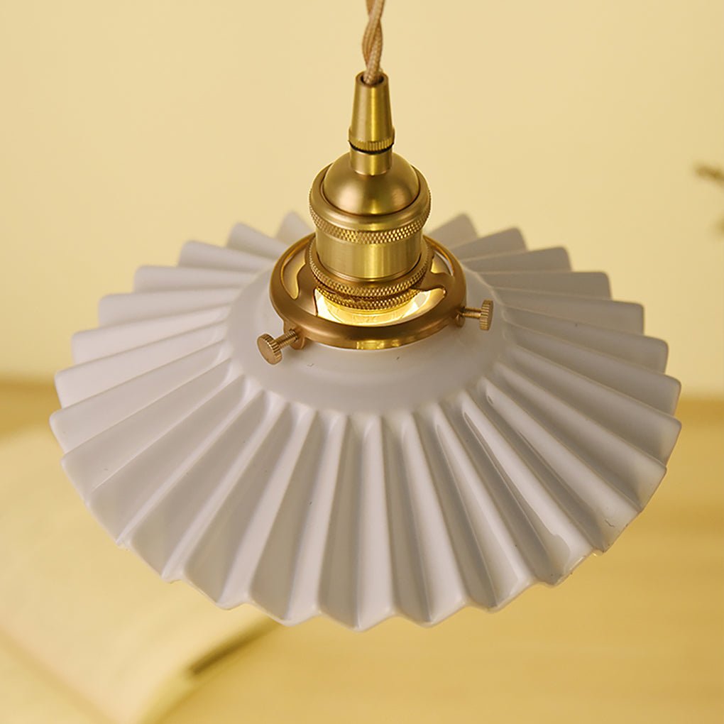 Nordic Vintage Ceramic Pleated Design Brass LED Pendent Lighting for Bedside Dining - table