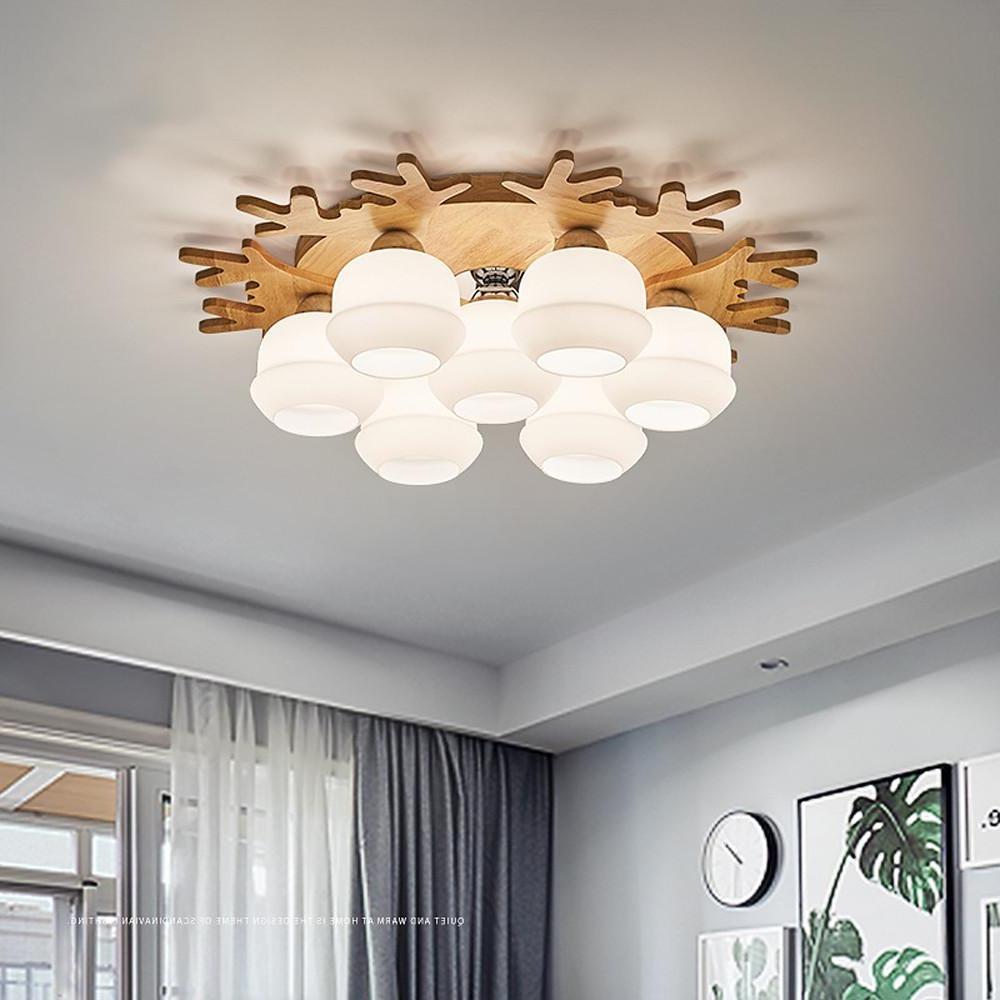 Globes Cluster Modern Wood Glass LED Flush Mount Ceiling Lights for Bedroom
