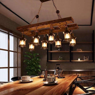 8-light Vintage Rustic Wooden Chandelier Lantern LED Farmhouse Hanging Lamp