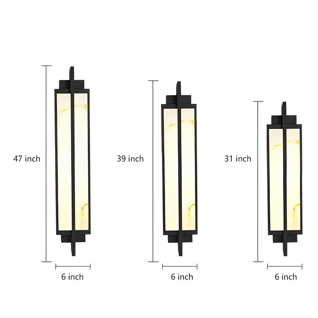 Set of outdoor alabaster wall sconces in 47, 39, and 31 inches heights with 5-inch width.