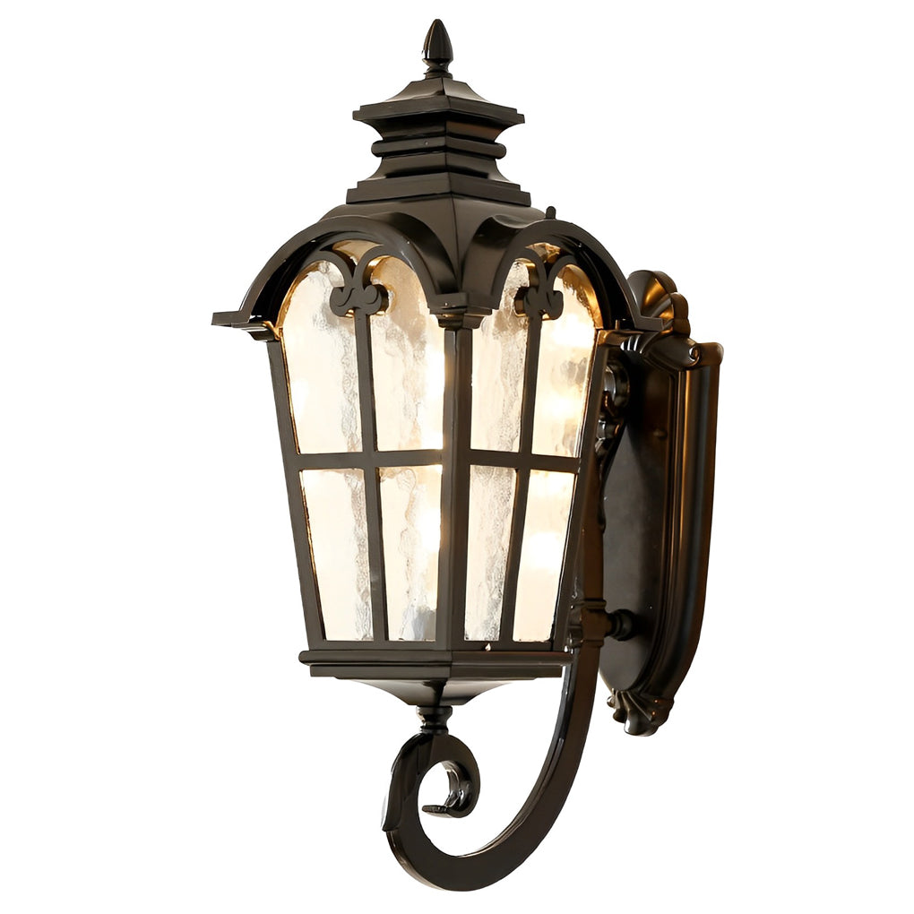 Outdoor black sconce with a vintage lantern design, providing elegant illumination.