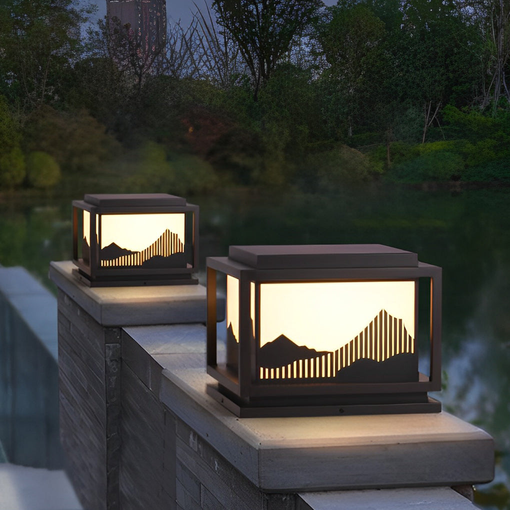 Outdoor brick pillar lights enhancing a stylish outdoor staircase with ambient light.