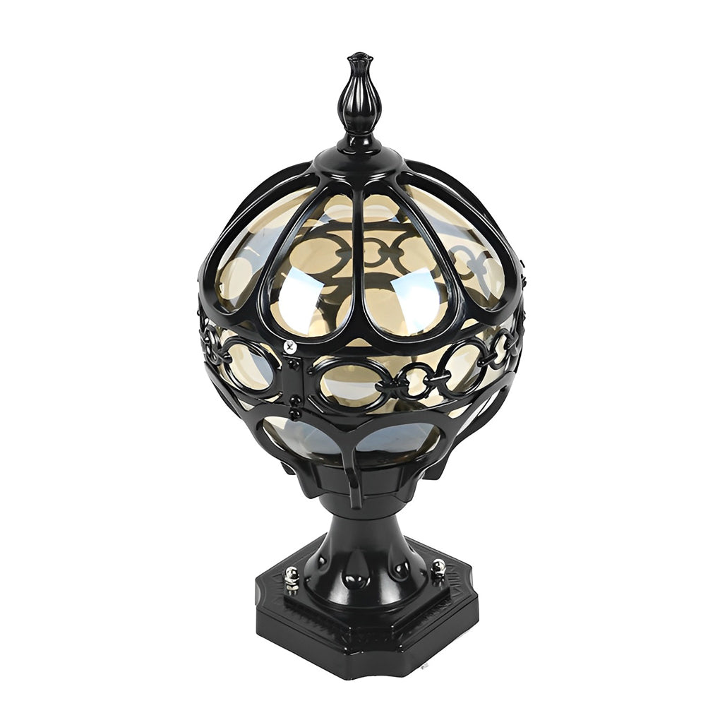 Outdoor globe pillar lights in black and gold, displayed against a white background to emphasize design details.