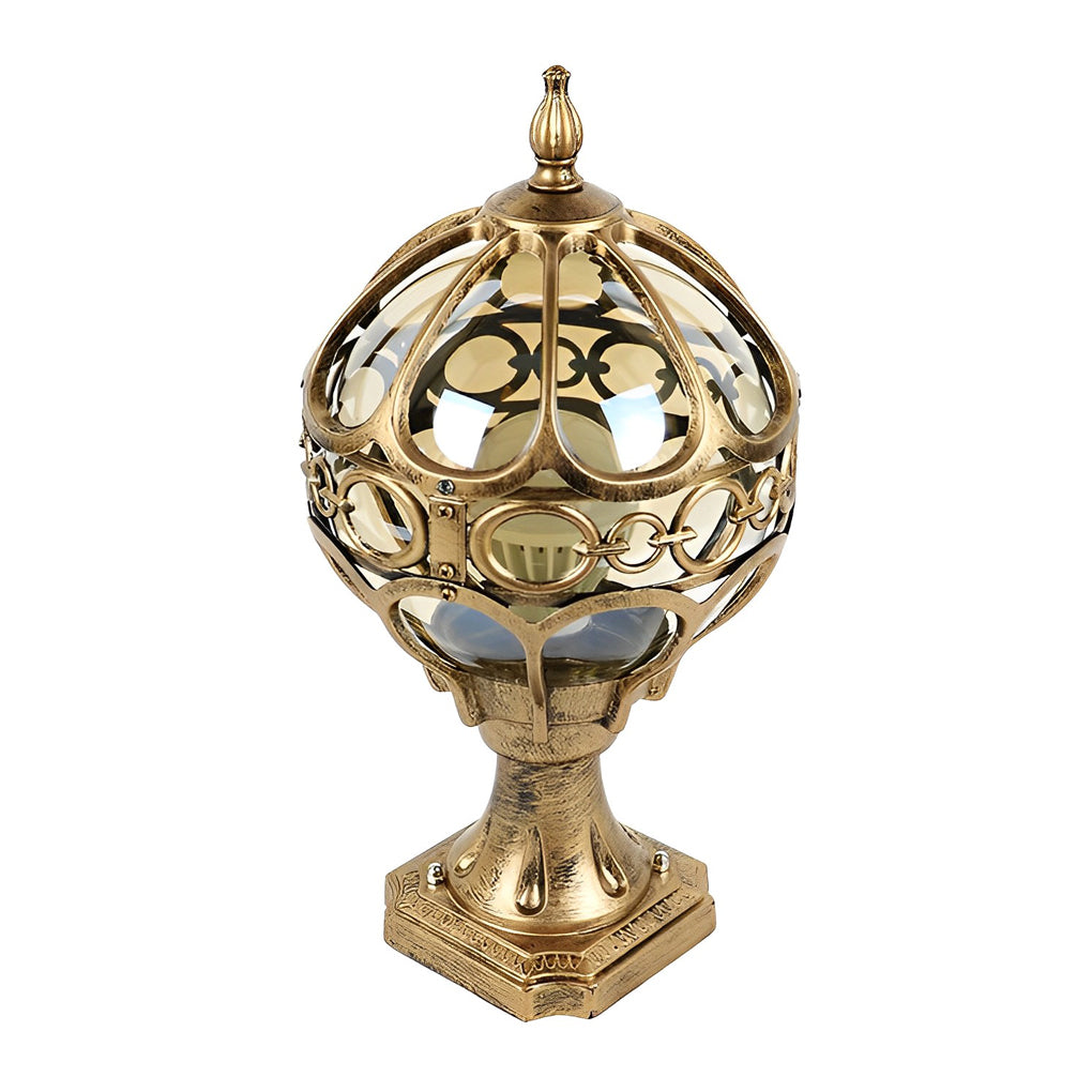 Outdoor globe pillar lights with a gold finish, showcasing the hexagonal base and elegant structure.