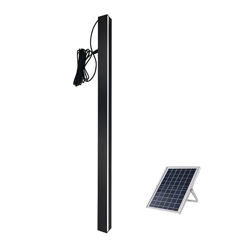 Outdoor linear wall light full product view with solar panel separated for installation reference.