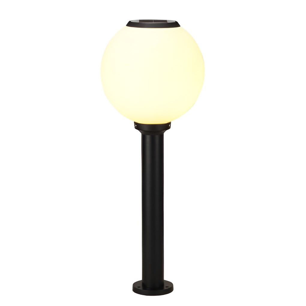 Outdoor path light globe with technical view of the base and mounting.