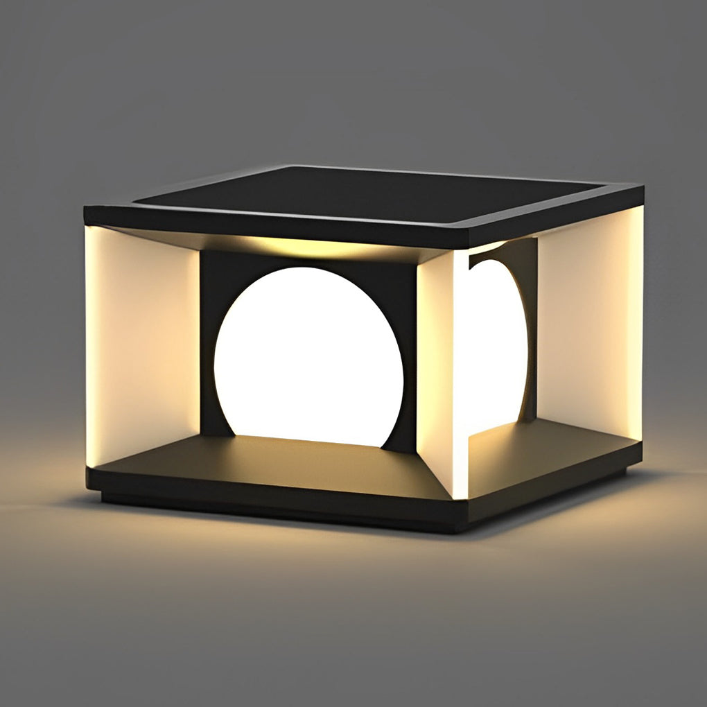 Outdoor pillar light with close-up of its geometric design and light output.