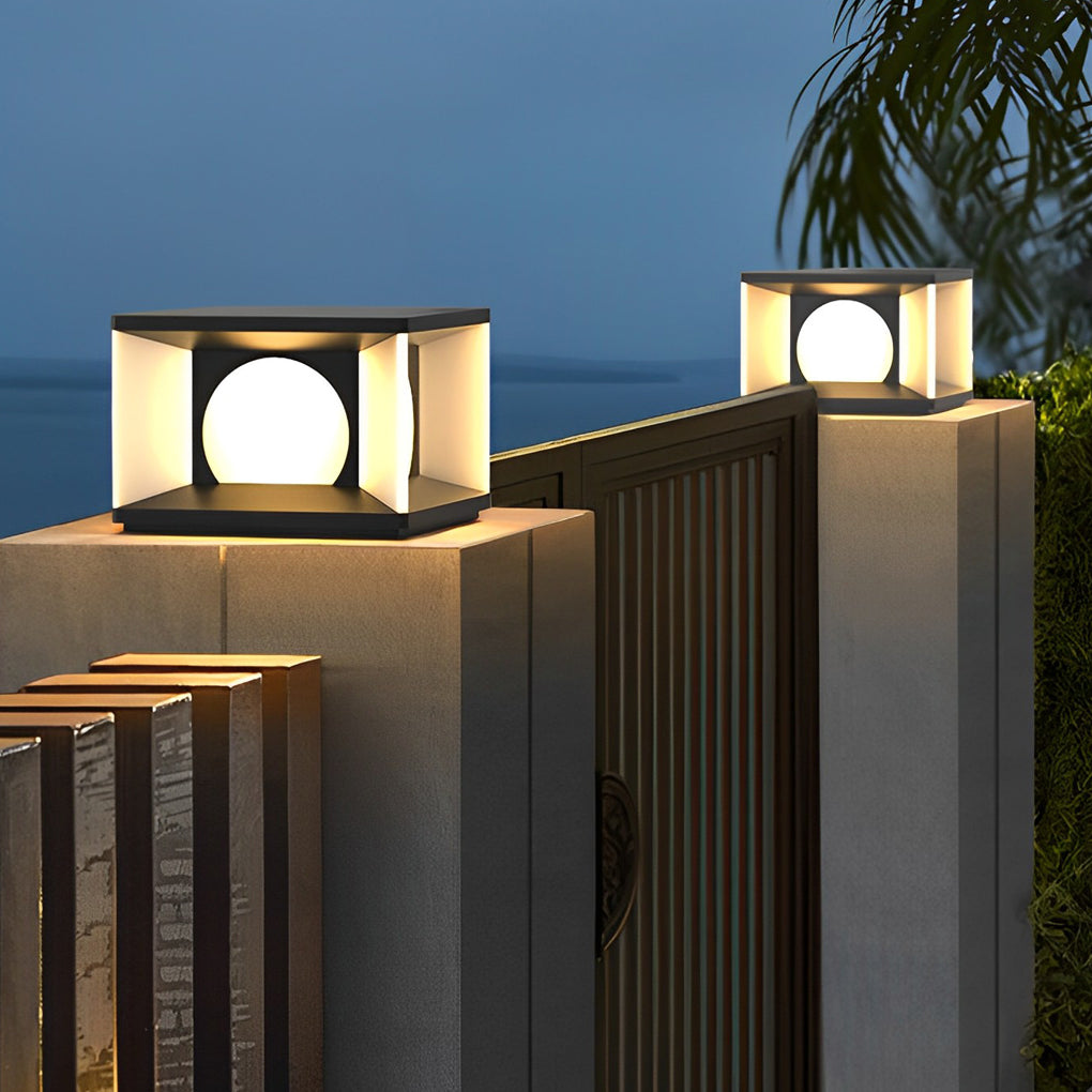 Outdoor pillar light providing elegant illumination for a contemporary garden.