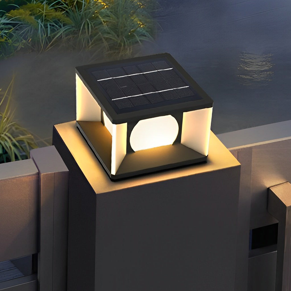 Outdoor pillar light illuminating a cozy outdoor seating area with directional glow.