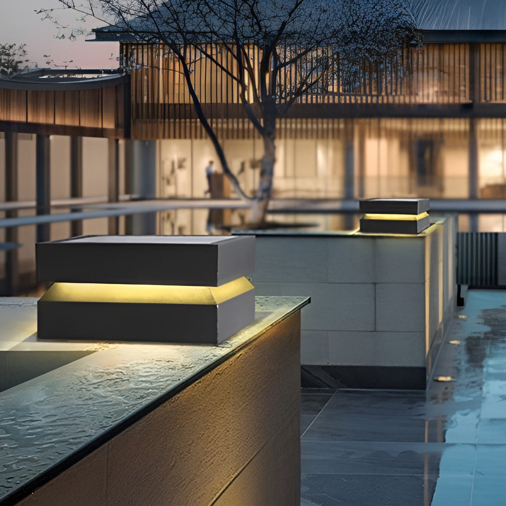 Outdoor solar lights deck with layered design, providing soft light in garden.