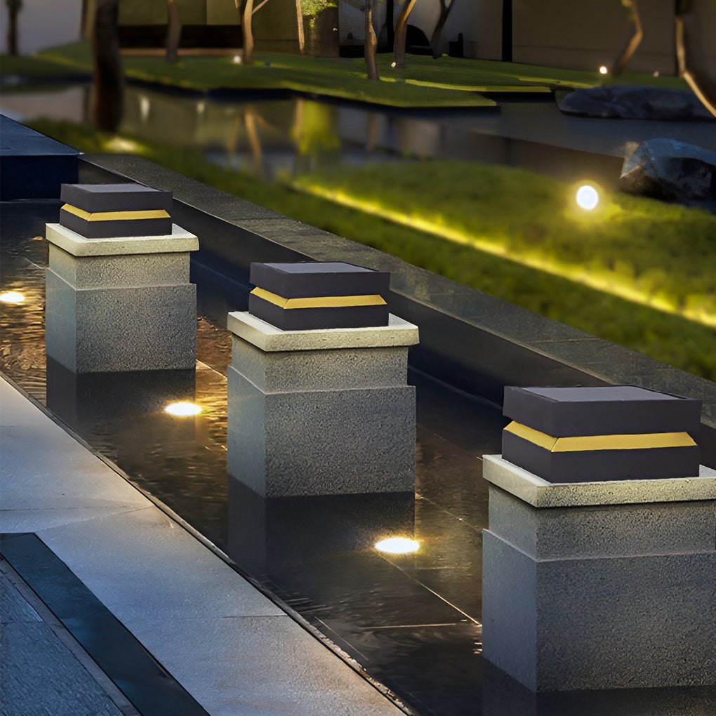 Outdoor solar lights deck with square shape, enhancing modern poolside area.