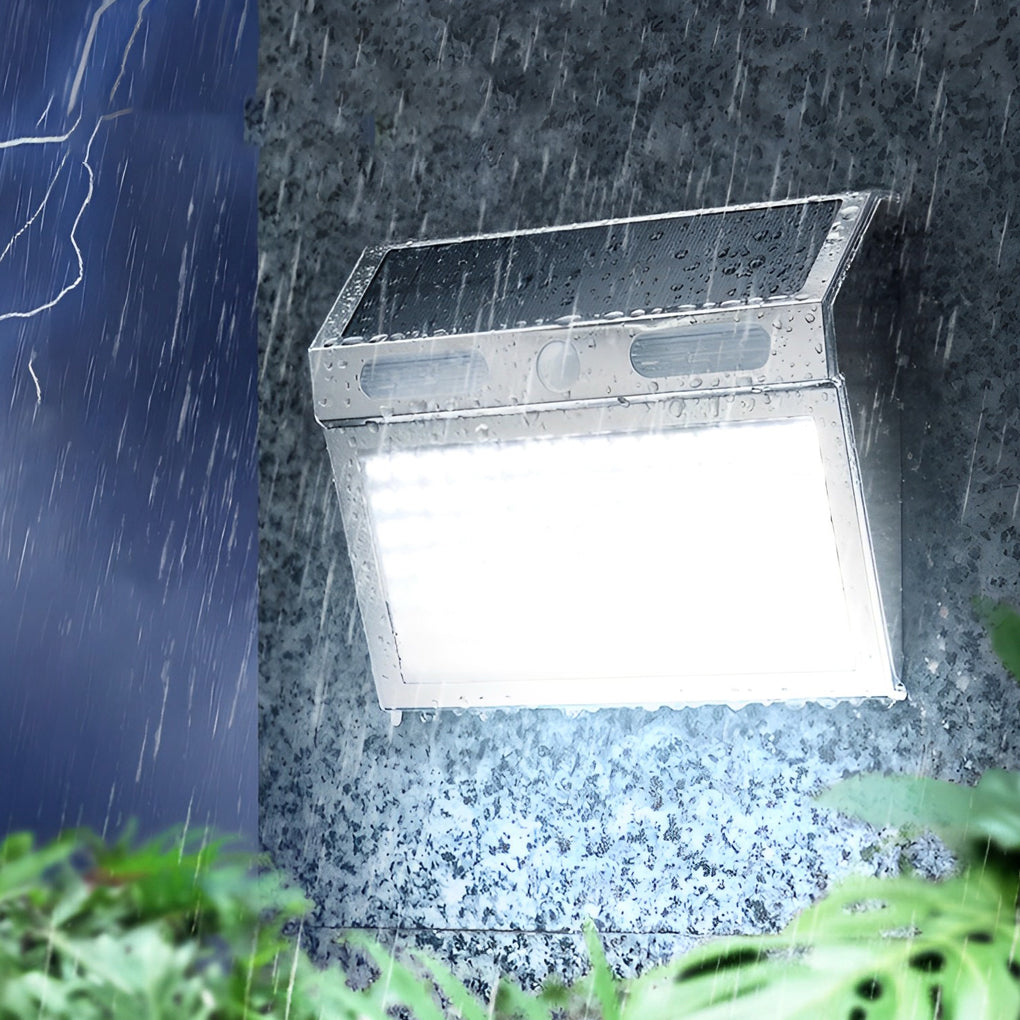 Outdoor solar wall light with motion sensor with a close-up of the illuminated LED panel.