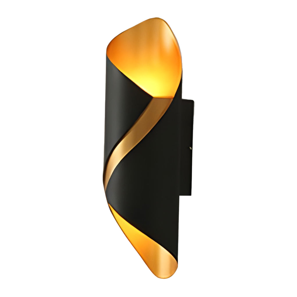 Outdoor up down wall light with white and gold finish, side view highlighting curves.