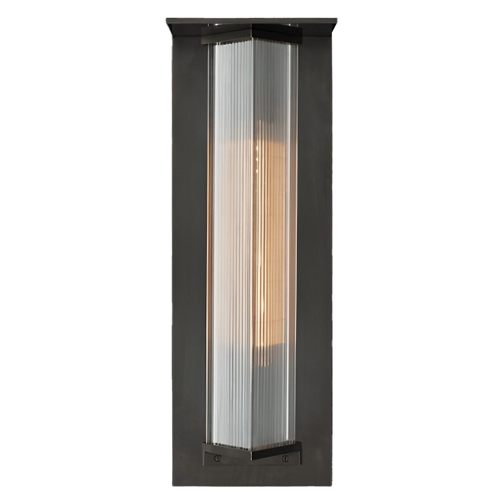 Outdoor vertical wall sconce with close-up of the light source and diffusion.