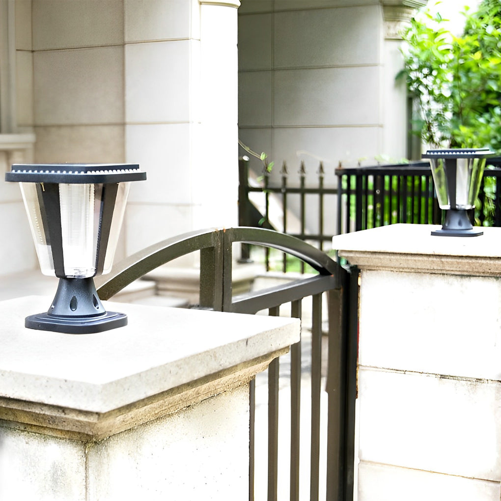 Outdoor waterproof post lamp with a close-up of the illuminated light fixture.