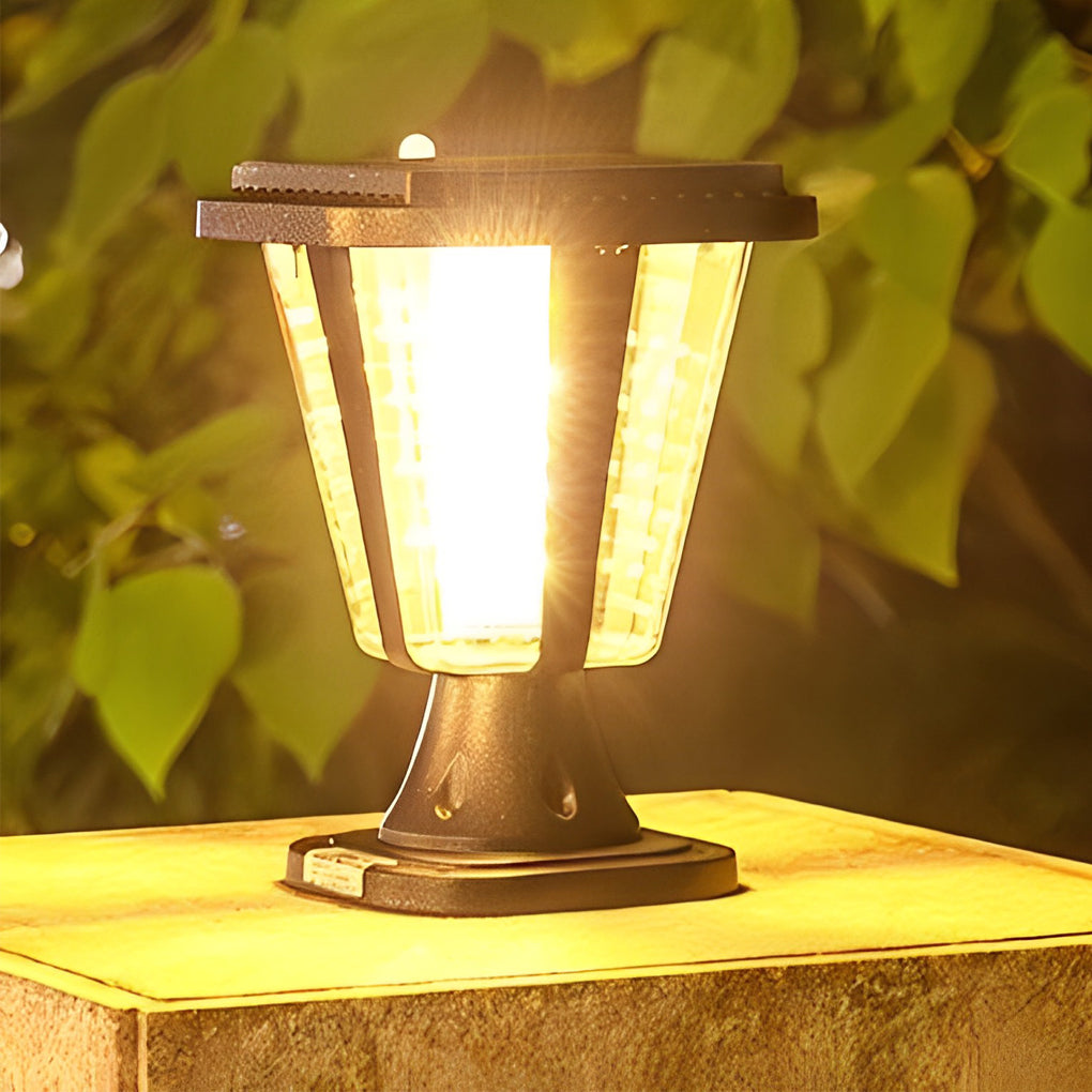 Outdoor waterproof post lamp enhancing a lush garden with bright, eco-friendly lighting.