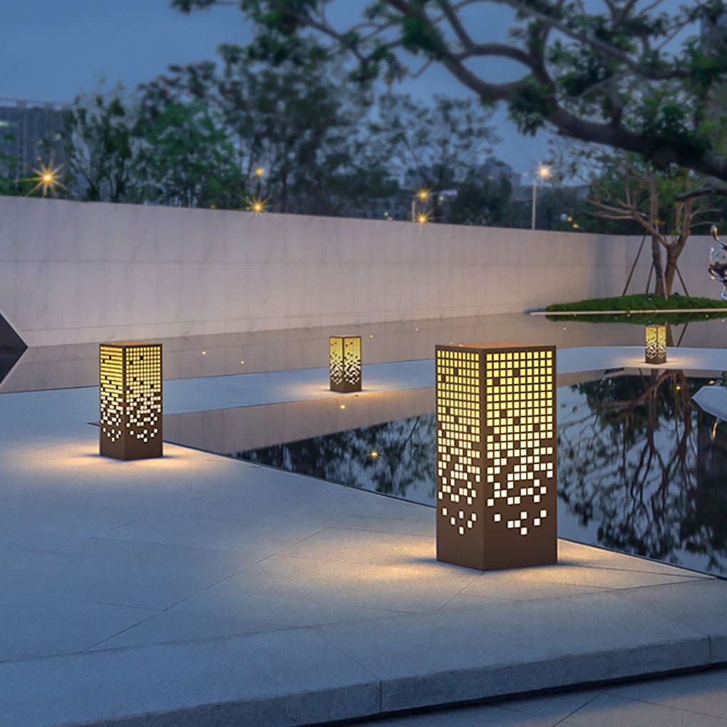 High - End Stainless Steel Outdoor LED Light with Unique Square Pattern for Elegant Bollard Lights