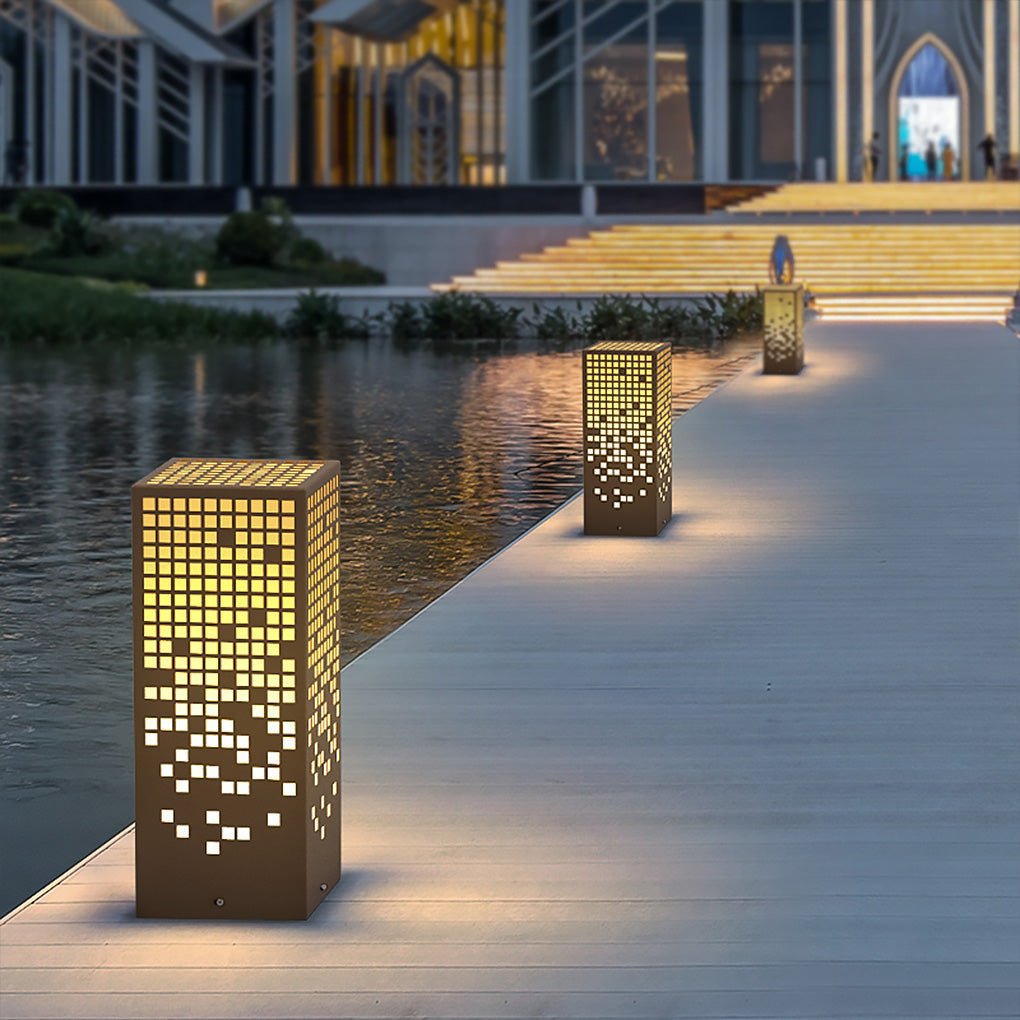 High - End Stainless Steel Outdoor LED Light with Unique Square Pattern for Elegant Bollard Lights