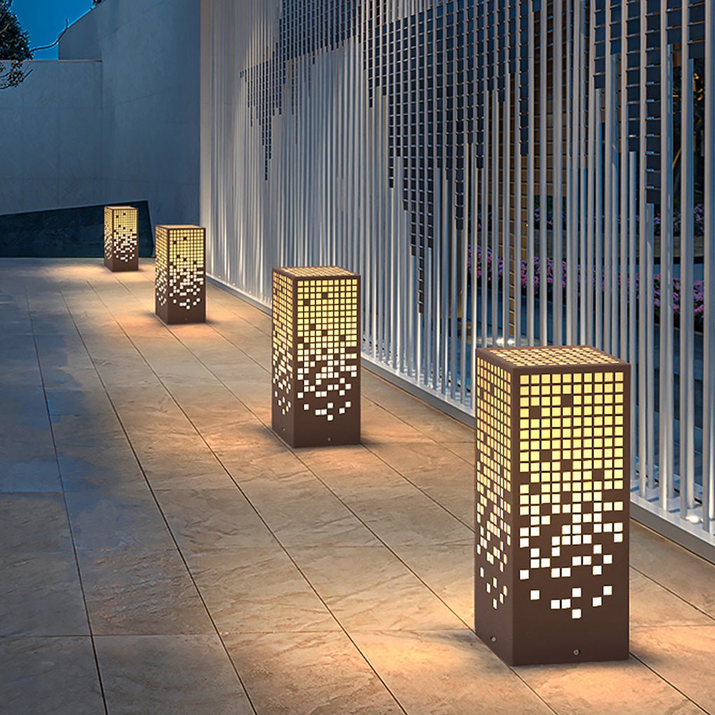 High - End Stainless Steel Outdoor LED Light with Unique Square Pattern for Elegant Bollard Lights