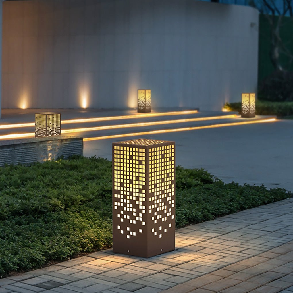 High - End Stainless Steel Outdoor LED Light with Unique Square Pattern for Elegant Bollard Lights