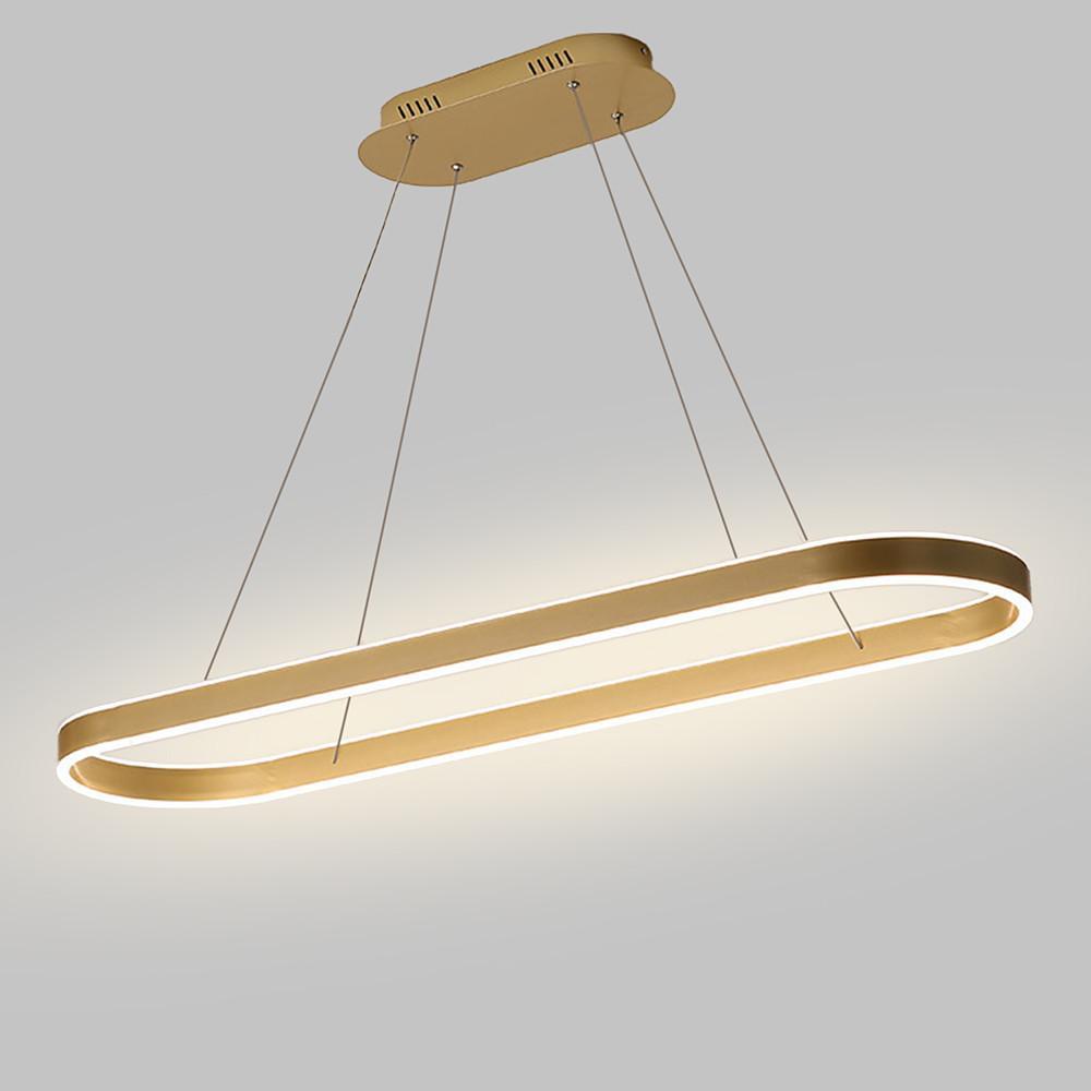 Gold oval LED pendant light product view highlighting slim profile and suspension cables.