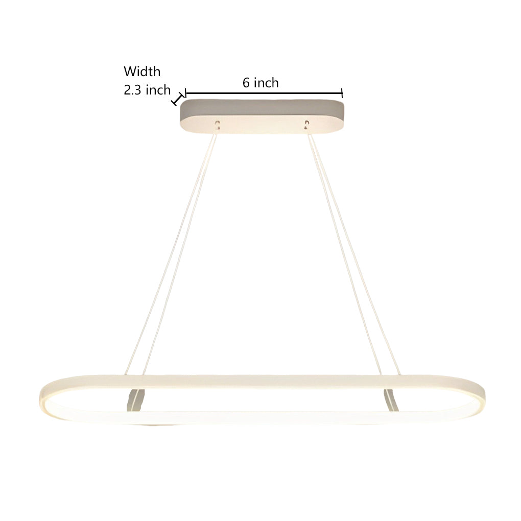 Oval linear pendant light suspended by thin cables in modern design.