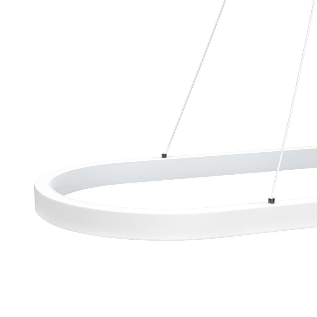 Oval linear pendant light close-up showing smooth curved aluminum frame.