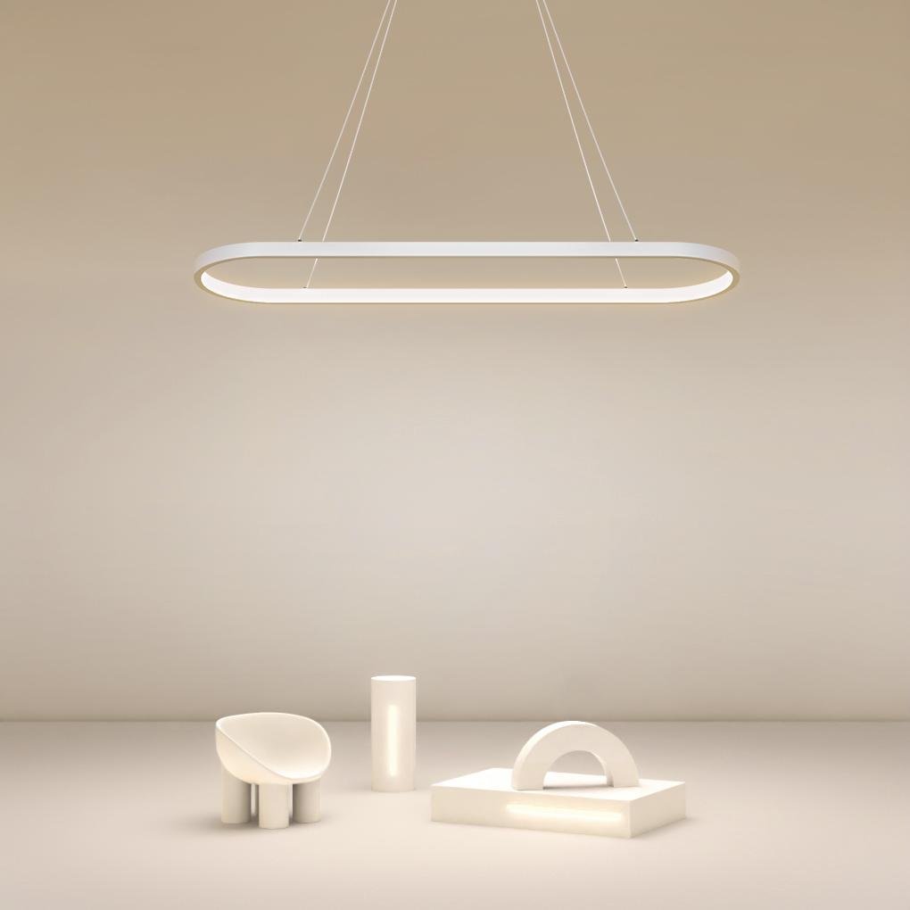 Oval linear pendant light product display in minimalist studio setting.