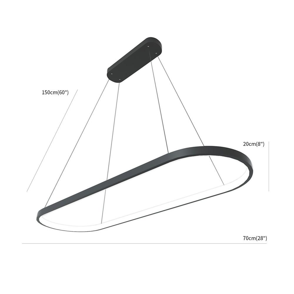 Oval pendant light dimension drawing showing the suspended fixture shape, hanging height, and overall length measurements.