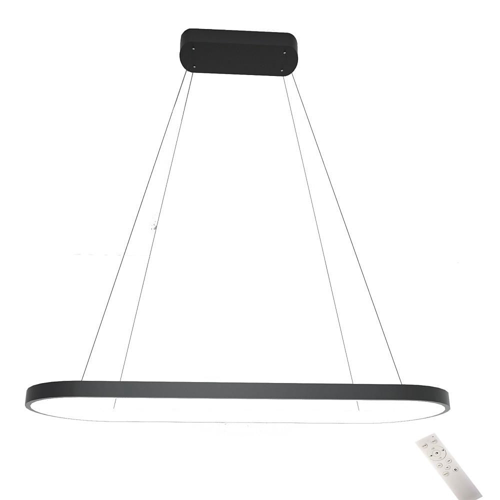 Oval pendant light product image showing a slim black frame, suspended cables, and integrated LED illumination.
