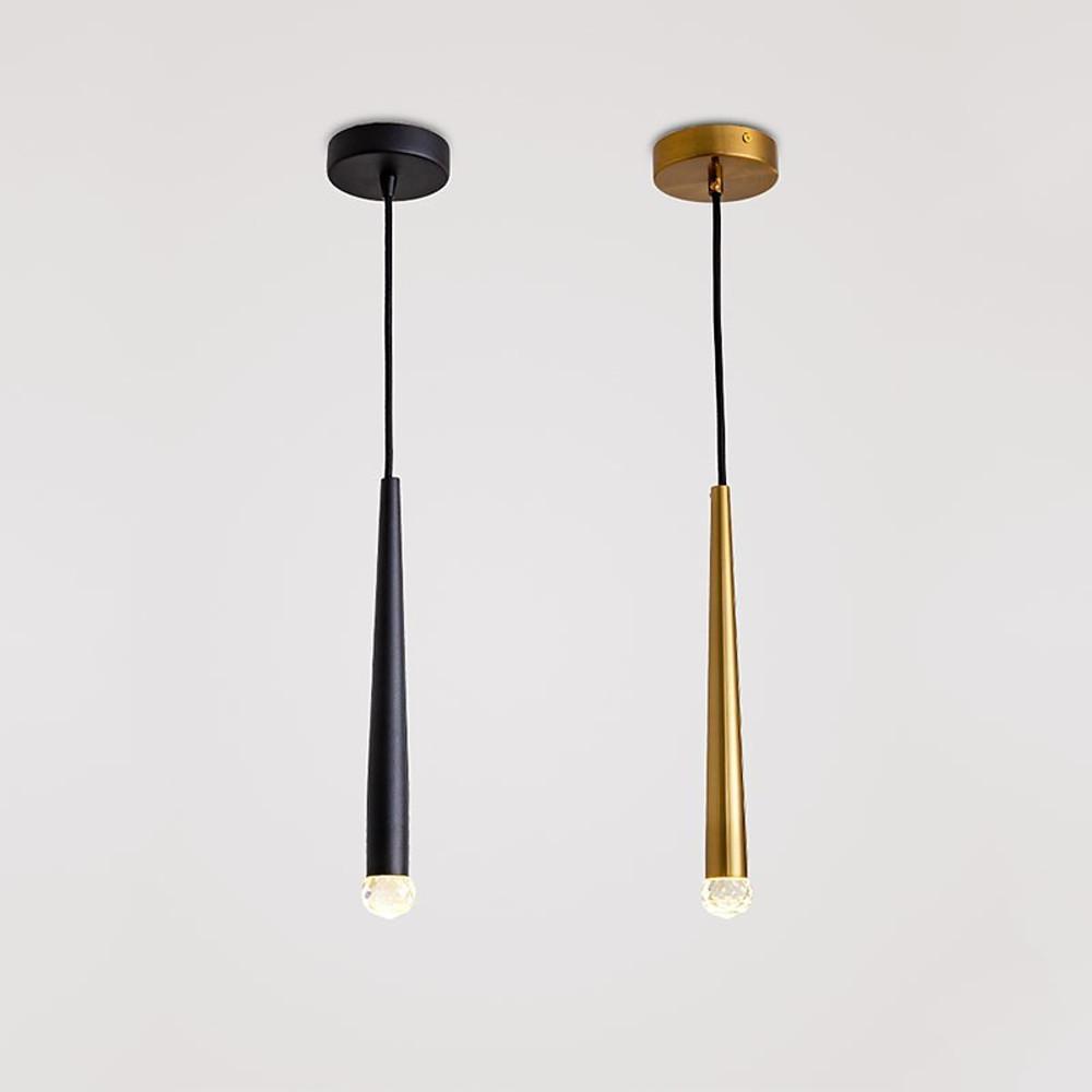 Pair of black and gold cone pendant lights featuring small bubble glass bulbs side by side.
